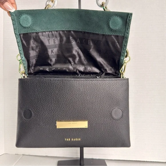 Ted Baker Jet Aalice Shoulder Bag Green Suede Flap Pebbled Leather Marble Chain